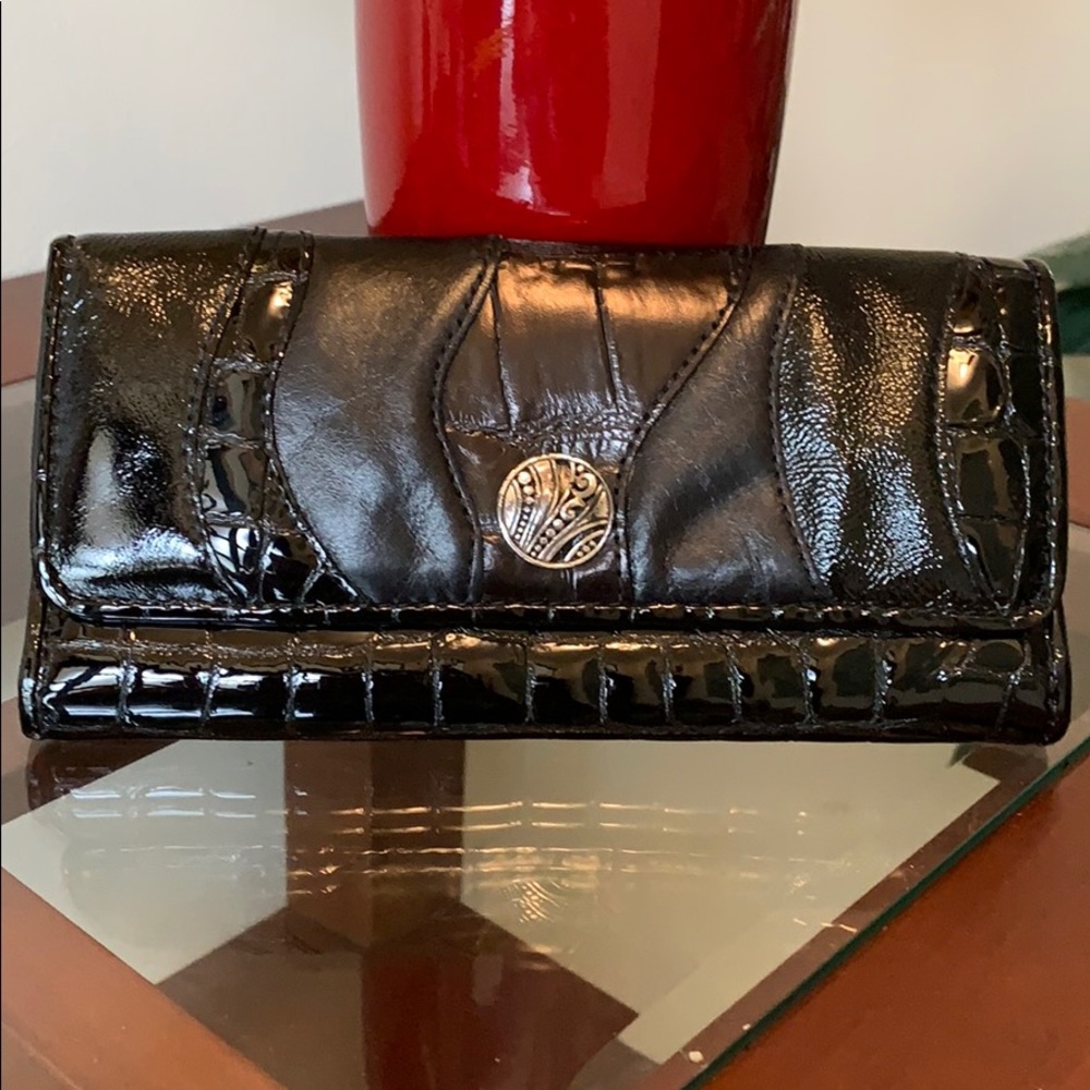 Black patent leather trifold wallet
